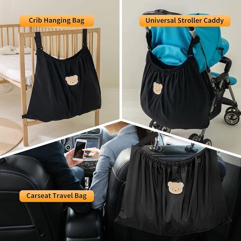 منظم عالمي لعربة الأطفال، حقيبة تخزين لعربة الأطفال من النايلون لأساسيات الطفل، حقيبة تنظيم عربة الأطفال ذات سعة كبيرة مع خطاف وحلقة، حقيبة شحن للمظلة وإكسسوارات عربة الحيوانات الأليفة (الدب الأسود) in Kuwait