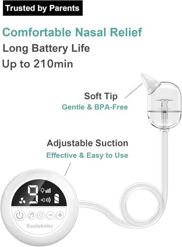 Koalababy Electric Nasal Aspirator for Baby – Hospital-Grade Nose Suction, 9 Suction Levels, Baby Nose Sucker, Nasal Cleaner, Night Light & Music, Soft Silicone Tips, Travel Bag in Kuwait