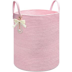 Pink Woven Laundry Hamper Basket with Bow, Large Tall Clothes Storage Basket for Baby Nursery, Girls Room, Bathroom & Bedroom Organizer 15"x17.7" in Kuwait