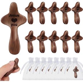 10 Sets Cross My Heart, Small Baptism Wooden Cross, Stress Relief Handheld Pocket Encouragement Gift with Mesh Bag Baptism Fingertip Religious Gift for Christians Prayer in Saudi Arabia