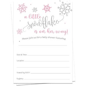 Winter Baby Shower Fill in the Blank Invitation Baby Girl Invites Snowflake Pink Silver Baby It's Cold Outside Little Snowflake DIY Printed Cards (15 count) in Saudi Arabia