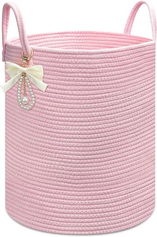 Pink Woven Laundry Hamper Basket with Bow, Large Tall Clothes Storage Basket for Baby Nursery, Girls Room, Bathroom & Bedroom Organizer 15"x17.7" in Kuwait