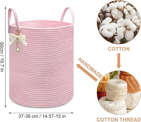 Pink Woven Laundry Hamper Basket with Bow, Large Tall Clothes Storage Basket for Baby Nursery, Girls Room, Bathroom & Bedroom Organizer 15"x17.7" in Kuwait