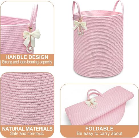 Pink Woven Laundry Hamper Basket with Bow, Large Tall Clothes Storage Basket for Baby Nursery, Girls Room, Bathroom & Bedroom Organizer 15"x17.7" in Kuwait