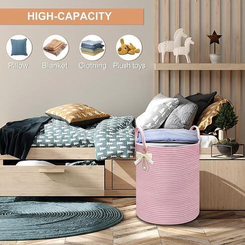 Pink Woven Laundry Hamper Basket with Bow, Large Tall Clothes Storage Basket for Baby Nursery, Girls Room, Bathroom & Bedroom Organizer 15"x17.7" in Kuwait