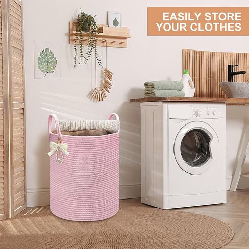 Pink Woven Laundry Hamper Basket with Bow, Large Tall Clothes Storage Basket for Baby Nursery, Girls Room, Bathroom & Bedroom Organizer 15"x17.7" in Kuwait