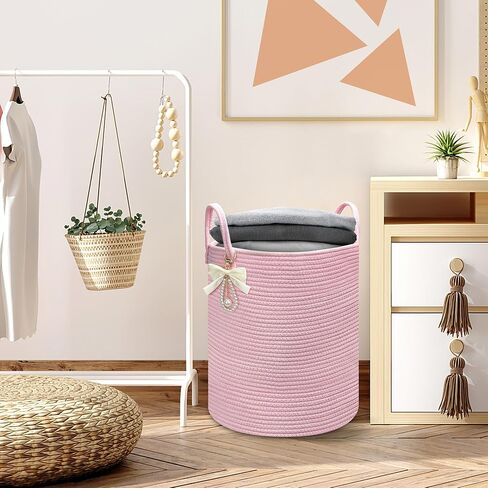 Pink Woven Laundry Hamper Basket with Bow, Large Tall Clothes Storage Basket for Baby Nursery, Girls Room, Bathroom & Bedroom Organizer 15"x17.7" in Kuwait