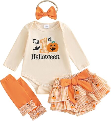 My 1st Halloween Newborn Baby Girl Clothes Pumpkin Letter Embroidery Long Sleeve Romper Shorts Set 4Pcs Fall Oufit in Kuwait