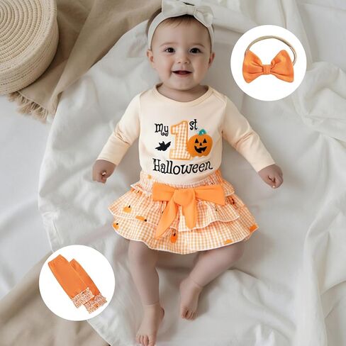 My 1st Halloween Newborn Baby Girl Clothes Pumpkin Letter Embroidery Long Sleeve Romper Shorts Set 4Pcs Fall Oufit in Kuwait