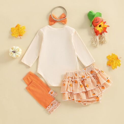 My 1st Halloween Newborn Baby Girl Clothes Pumpkin Letter Embroidery Long Sleeve Romper Shorts Set 4Pcs Fall Oufit in Kuwait