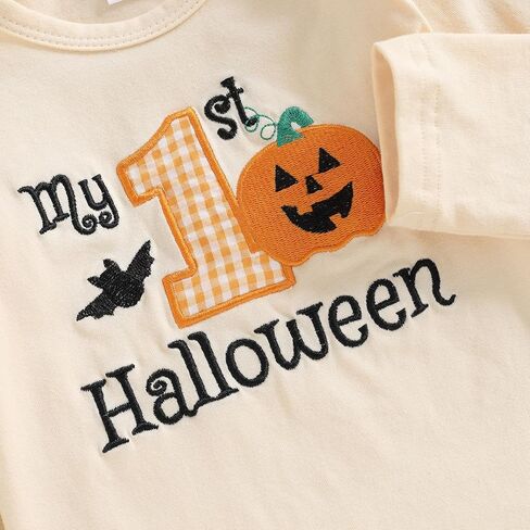My 1st Halloween Newborn Baby Girl Clothes Pumpkin Letter Embroidery Long Sleeve Romper Shorts Set 4Pcs Fall Oufit in Kuwait
