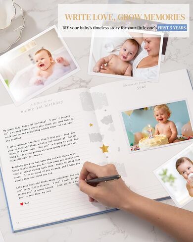 Baby Memory Book for Boy&Girl, 8"x10" Linen Baby Journal Scrapbook Photo Album with Stickers, Timeless Baby Book Milestone Keepsake Record from Pregnancy to Age 5, Baby Essential (112 Pages, Blue) in Saudi Arabia