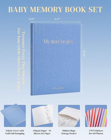 Baby Memory Book for Boy&Girl, 8"x10" Linen Baby Journal Scrapbook Photo Album with Stickers, Timeless Baby Book Milestone Keepsake Record from Pregnancy to Age 5, Baby Essential (112 Pages, Blue) in Saudi Arabia