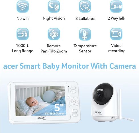 acer Video Baby Monitor 5" LCD Screen Monitor No WiFi with 1080P Camera and Audio for Crib 1000ft Range Remote Pan Tilt Night Vision, Temperature Sensor, 8 Lullabies, 2-Way Talk, Video Recording, VOX in Saudi Arabia