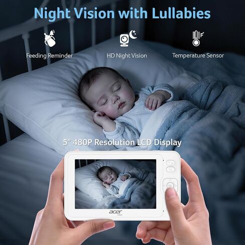 acer Video Baby Monitor 5" LCD Screen Monitor No WiFi with 1080P Camera and Audio for Crib 1000ft Range Remote Pan Tilt Night Vision, Temperature Sensor, 8 Lullabies, 2-Way Talk, Video Recording, VOX in Saudi Arabia