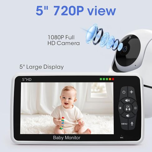 جهاز مراقبة الأطفال من Babystar مزود بكاميرا وصوت، شاشة بدقة 720 بكسل عالية الدقة مقاس 5 بوصات، بطارية تصل إلى 22 ساعة، تكبير عن بعد قابل للإمالة، بدون شبكة WiFi، VOX، رؤية ليلية، صوت ثنائي الاتجاه، تهويدات، مستشعر درجة الحرارة in Saudi Arabia