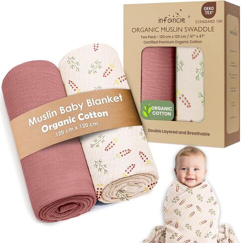 OEKO TEX 100% Organic Cotton 2 PK Muslin Baby Blanket Unisex 47x47 Inch | Oeko-TEX Certified, Swaddling Blanket, Baby Girl Blankets, Swaddle Blankets, Rust/Ivory, Unisex Design, Breathable weave in Saudi Arabia