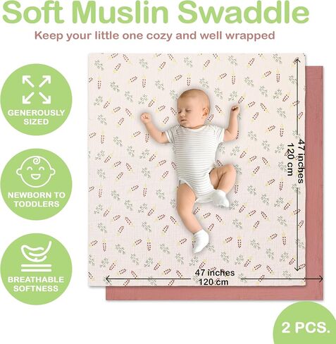 OEKO TEX 100% Organic Cotton 2 PK Muslin Baby Blanket Unisex 47x47 Inch | Oeko-TEX Certified, Swaddling Blanket, Baby Girl Blankets, Swaddle Blankets, Rust/Ivory, Unisex Design, Breathable weave in Saudi Arabia