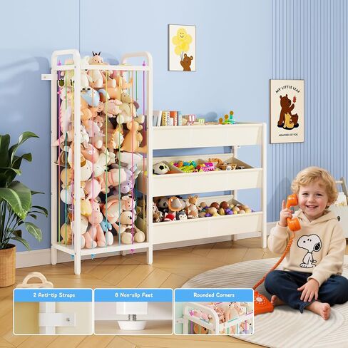 منظم تخزين الألعاب B6 مع مساحة تخزين للحيوانات المحشوة، أرفف خشبية من 3 طبقات و8 صناديق، منظم أرفف الألعاب، رف كتب للأطفال وتخزين الألعاب لغرفة الأطفال، غرفة النوم، غرفة اللعب، الحضانة، أبيض in Kuwait