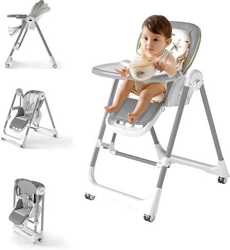 High Chairs for Babies and Toddlers, Foldable High Chair with Lockable Wheels, 4-in-1 Convertible, Adjustable Reclining Seat with Leg Rest & 5-Point Harness, Soft Cushion, Portable When Folded, Beige in Saudi Arabia