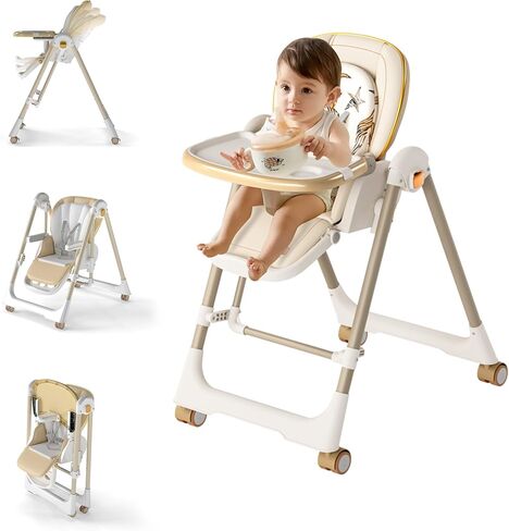High Chairs for Babies and Toddlers, Foldable High Chair with Lockable Wheels, 4-in-1 Convertible, Adjustable Reclining Seat with Leg Rest & 5-Point Harness, Soft Cushion, Portable When Folded, Beige in Saudi Arabia