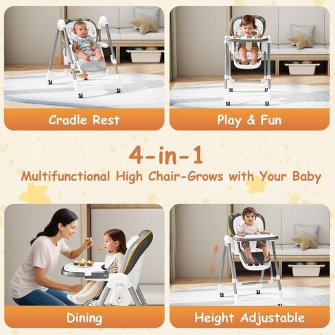 High Chairs for Babies and Toddlers, Foldable High Chair with Lockable Wheels, 4-in-1 Convertible, Adjustable Reclining Seat with Leg Rest & 5-Point Harness, Soft Cushion, Portable When Folded, Beige in Saudi Arabia
