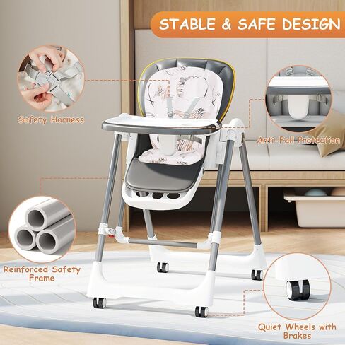High Chairs for Babies and Toddlers, Foldable High Chair with Lockable Wheels, 4-in-1 Convertible, Adjustable Reclining Seat with Leg Rest & 5-Point Harness, Soft Cushion, Portable When Folded, Beige in Saudi Arabia