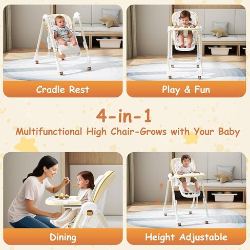 High Chairs for Babies and Toddlers, Foldable High Chair with Lockable Wheels, 4-in-1 Convertible, Adjustable Reclining Seat with Leg Rest & 5-Point Harness, Soft Cushion, Portable When Folded, Beige in Saudi Arabia