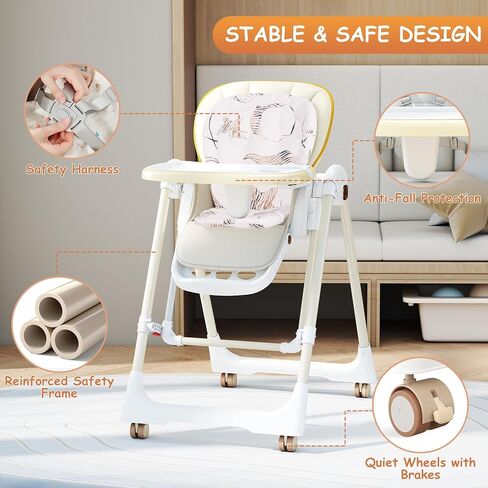 High Chairs for Babies and Toddlers, Foldable High Chair with Lockable Wheels, 4-in-1 Convertible, Adjustable Reclining Seat with Leg Rest & 5-Point Harness, Soft Cushion, Portable When Folded, Beige in Saudi Arabia