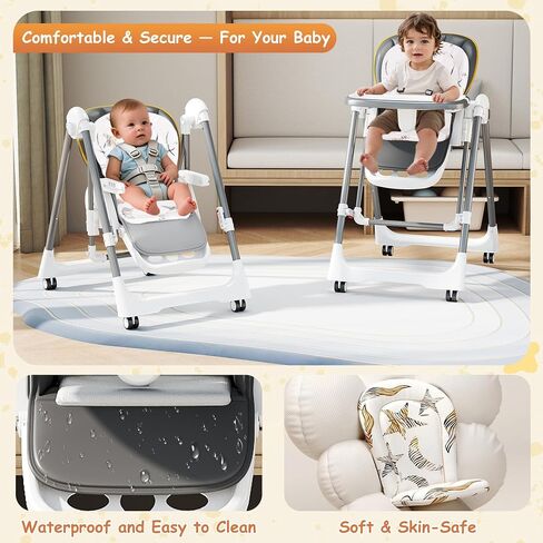 High Chairs for Babies and Toddlers, Foldable High Chair with Lockable Wheels, 4-in-1 Convertible, Adjustable Reclining Seat with Leg Rest & 5-Point Harness, Soft Cushion, Portable When Folded, Beige in Saudi Arabia