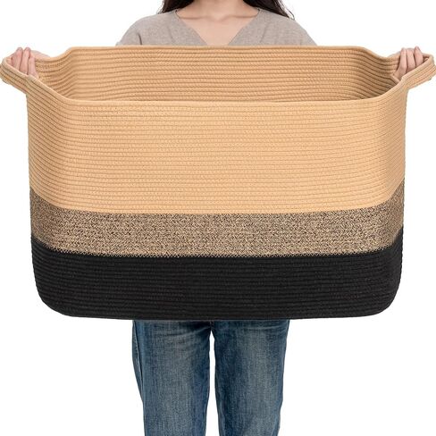 CLHMILY&Z Stylish Square Cotton Rope Storage Basket (Pink & White, 85L) in Saudi Arabia