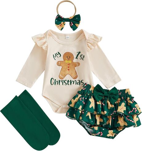 My First Christmas Baby Girl Outfit Letter Print Long Sleeve Romper Ruffle Short Set Headband Socks 4Pcs Xmas Clothes in Saudi Arabia