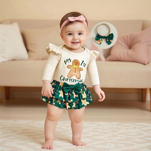 My First Christmas Baby Girl Outfit Letter Print Long Sleeve Romper Ruffle Short Set Headband Socks 4Pcs Xmas Clothes in Saudi Arabia