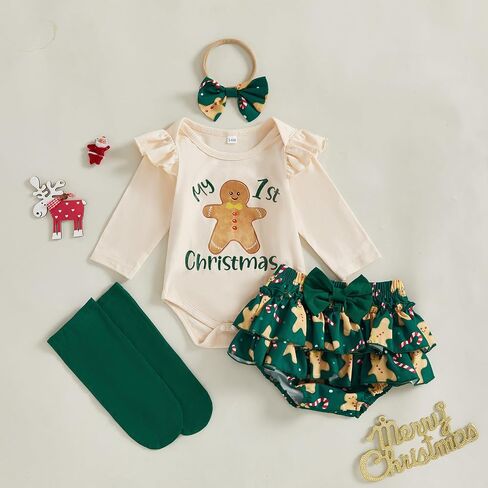 My First Christmas Baby Girl Outfit Letter Print Long Sleeve Romper Ruffle Short Set Headband Socks 4Pcs Xmas Clothes in Saudi Arabia