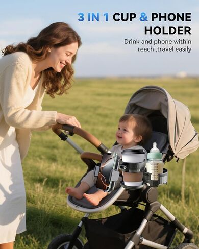 Stroller Cup Holder with Phone Holder, 360° Rotatable Bottle Holder with 2 Drink Holder, 3-in-1 Universal Cup Holder for Baby Stroller, Bike, Motorcycle, Wheelchair, Walker, Scooter, Black in Saudi Arabia