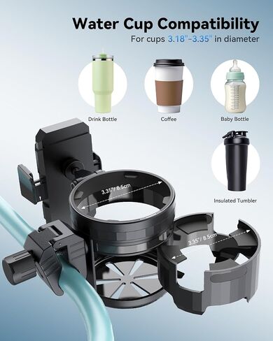 Stroller Cup Holder with Phone Holder, 360° Rotatable Bottle Holder with 2 Drink Holder, 3-in-1 Universal Cup Holder for Baby Stroller, Bike, Motorcycle, Wheelchair, Walker, Scooter, Black in Saudi Arabia