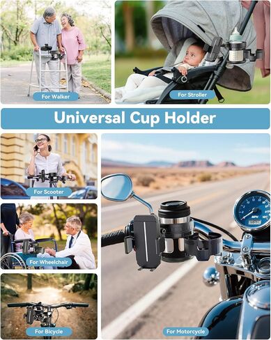 Stroller Cup Holder with Phone Holder, 360° Rotatable Bottle Holder with 2 Drink Holder, 3-in-1 Universal Cup Holder for Baby Stroller, Bike, Motorcycle, Wheelchair, Walker, Scooter, Black in Saudi Arabia