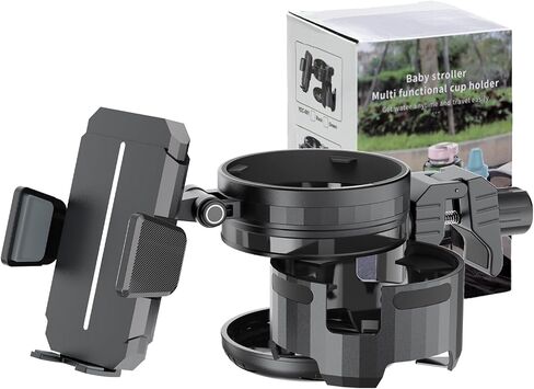 Stroller Cup Holder with Phone Holder, 360° Rotatable Bottle Holder with 2 Drink Holder, 3-in-1 Universal Cup Holder for Baby Stroller, Bike, Motorcycle, Wheelchair, Walker, Scooter, Black in Saudi Arabia