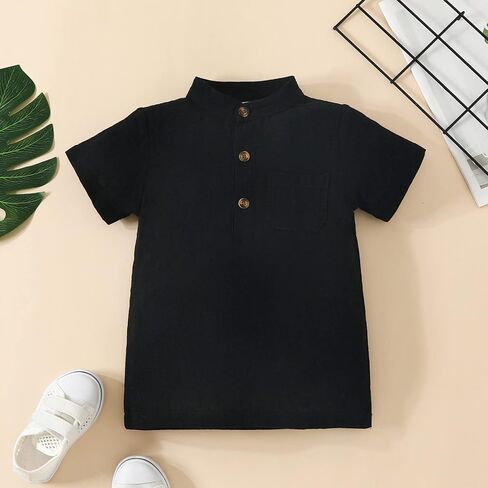 Toddler Solid Collar Polo Shirt Kids Button Up Short Sleeve Oxford Shirts Baby Active Athletic (Black, 18-24 Months) in Saudi Arabia