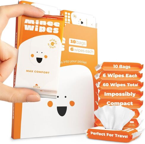 Impossibly Compact Travel Wipes - 99.5% Water - Safe for Sensitive Skin & Hypoallergenic, Resealable, Thick & Durable - For Adults, Kids & Baby Care - Unscented, 10 Pack Total 60 Wipes in Saudi Arabia