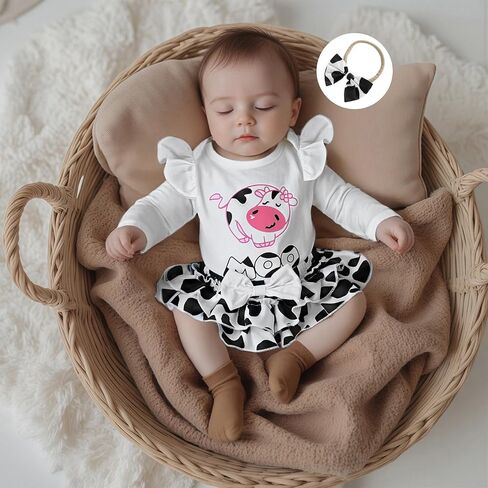 ملابس خريف وشتاء للأطفال من Emmababy رومبير مطبوع على شكل بقرة وأكمام طويلة وسروال قصير ملابس راعية البقر ملابس شتوية لحديثي الولادة in Kuwait