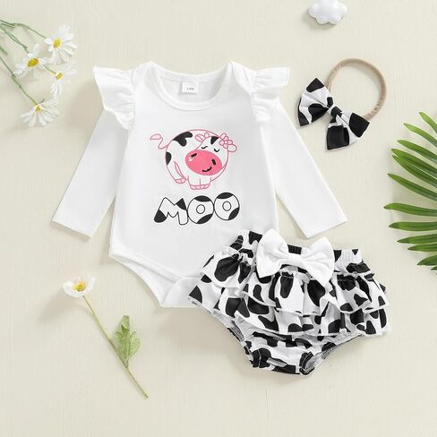 ملابس خريف وشتاء للأطفال من Emmababy رومبير مطبوع على شكل بقرة وأكمام طويلة وسروال قصير ملابس راعية البقر ملابس شتوية لحديثي الولادة in Kuwait