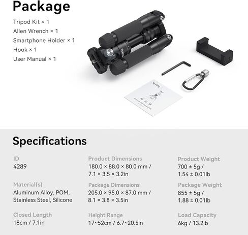 SmallRig VT-20Pro 21.2"/ 53.8cm Mini Tripod for Camera and Phone, Aluminum Alloy Small Desktop Tripod with 360° Ball Head, Table tripods Load Up to 11lb / 5kg in Saudi Arabia