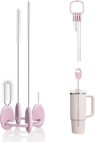 Straw Cleaner Brush Set for 𝗦𝘁𝗮𝗻𝗹𝗲𝘆, Baby Bottles and Sippy Cups,4 in 1 Standing & Hanging Cleaning Set with Holder Ring – Reusable Cleaner for Cup Lids, Spouts and More.(Pink) in Saudi Arabia