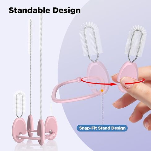 Straw Cleaner Brush Set for 𝗦𝘁𝗮𝗻𝗹𝗲𝘆, Baby Bottles and Sippy Cups,4 in 1 Standing & Hanging Cleaning Set with Holder Ring – Reusable Cleaner for Cup Lids, Spouts and More.(Pink) in Saudi Arabia