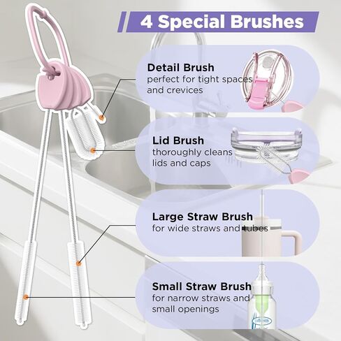 Straw Cleaner Brush Set for 𝗦𝘁𝗮𝗻𝗹𝗲𝘆, Baby Bottles and Sippy Cups,4 in 1 Standing & Hanging Cleaning Set with Holder Ring – Reusable Cleaner for Cup Lids, Spouts and More.(Pink) in Saudi Arabia