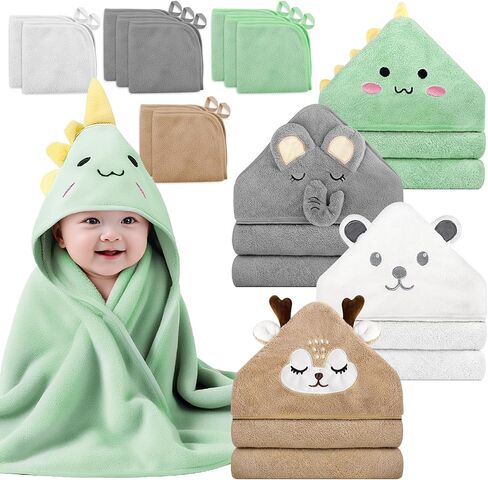 14 PCS Baby Towels Set, 4 PCS Soft Baby Hooded Towels & 10 PCS Washcloths, Baby Bath Towels for Newborns, Infants & Toddlers, Ultra Absorbent, Cute Baby Towel Gift for Boys in Saudi Arabia