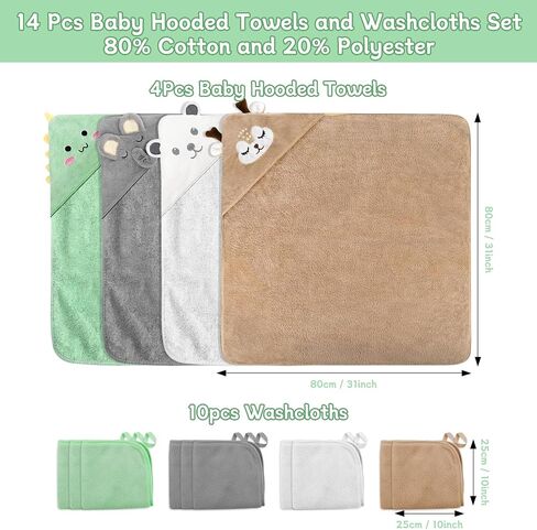 14 PCS Baby Towels Set, 4 PCS Soft Baby Hooded Towels & 10 PCS Washcloths, Baby Bath Towels for Newborns, Infants & Toddlers, Ultra Absorbent, Cute Baby Towel Gift for Boys in Saudi Arabia