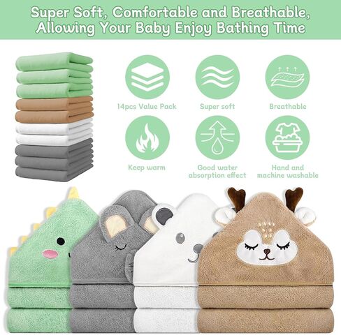 14 PCS Baby Towels Set, 4 PCS Soft Baby Hooded Towels & 10 PCS Washcloths, Baby Bath Towels for Newborns, Infants & Toddlers, Ultra Absorbent, Cute Baby Towel Gift for Boys in Saudi Arabia