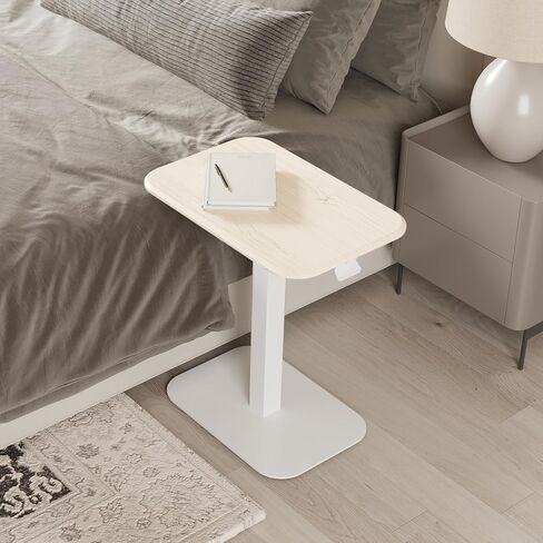 ERGOHOME ™ ELEVANCE TABLE ™ طاولة جانبية قابلة لضبط الارتفاع للأريكة أو السرير وطاولة الكمبيوتر المحمول - طاولة قهوة صغيرة للمكتب - طاولة جانبية للأريكة على شكل حرف C مع وظائف متعددة (قاعدة بيضاء وسطح من خشب البلوط المغسول) in Kuwait